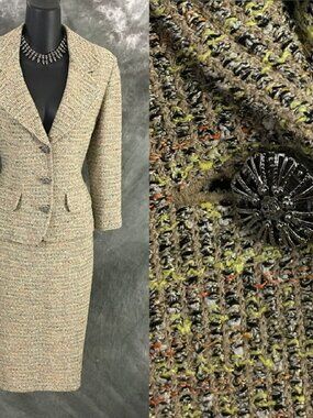 BEAUTIFUL st john collection knit beige orange multi jacket skirt suit size 10